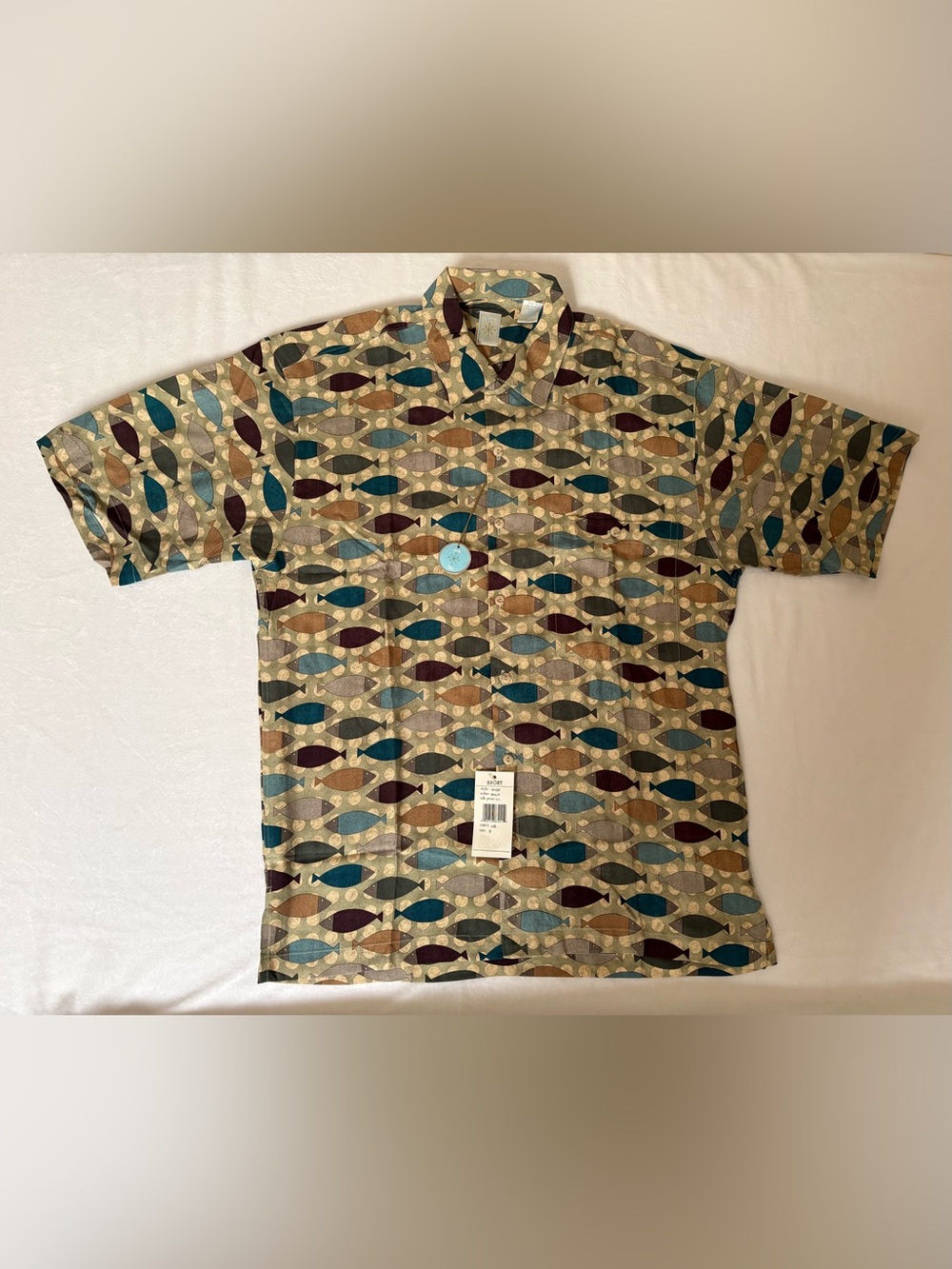 NWT S Burma Biba Silk Button-Down Shirt in Teal, Burgundy& Tan.
Fish Pattern.